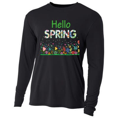 Hello Spring Flowers Bloom Floral First Day Of Spring Saying Cooling Performance Long Sleeve Crew