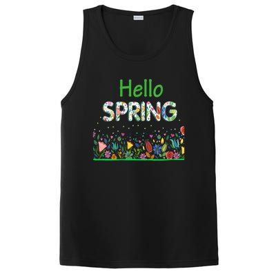 Hello Spring Flowers Bloom Floral First Day Of Spring Saying PosiCharge Competitor Tank