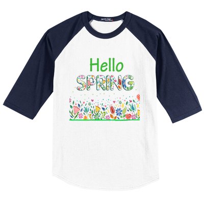 Hello Spring Flowers Bloom Floral First Day Of Spring Saying Baseball Sleeve Shirt