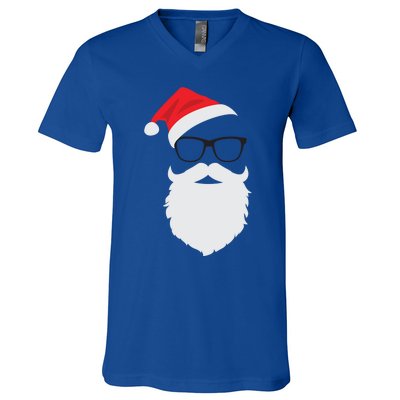 Hipster Santa Face With Hat Beard And Glasses Christmas Cool Gift V-Neck T-Shirt