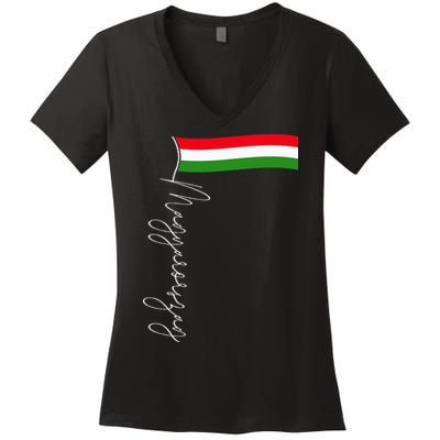 Hungary Signature Flag Pole  Patriotic Hungarian Flag Women's V-Neck T-Shirt
