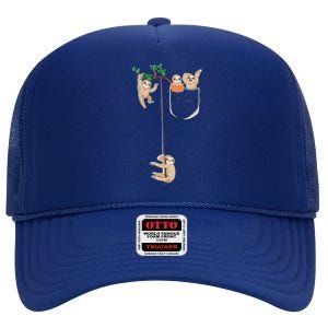 Happy Sloth Family Habitat In Pocket High Crown Mesh Back Trucker Hat