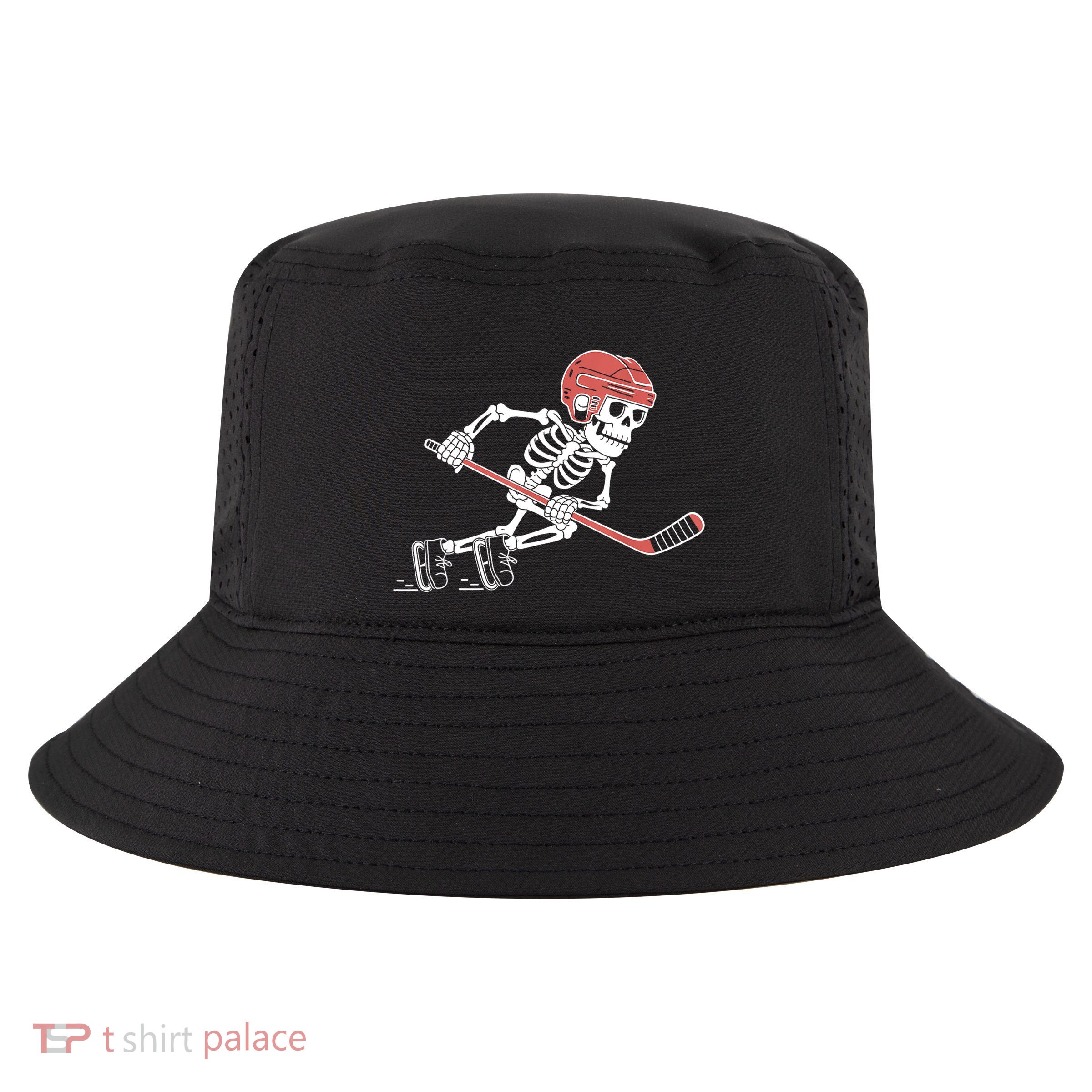 Halloween Spooky Funny Skeleton Playing Ice Hockey Lovers Gift Cool Comfort Performance Bucket Hat