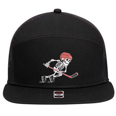 Halloween Spooky Funny Skeleton Playing Ice Hockey Lovers Gift 7 Panel Mesh Trucker Snapback Hat