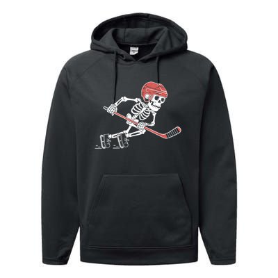 Halloween Spooky Funny Skeleton Playing Ice Hockey Lovers Gift Performance Fleece Hoodie