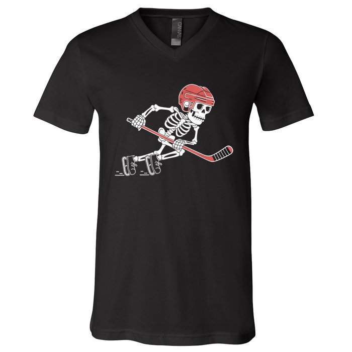 Halloween Spooky Funny Skeleton Playing Ice Hockey Lovers Gift V-Neck T-Shirt