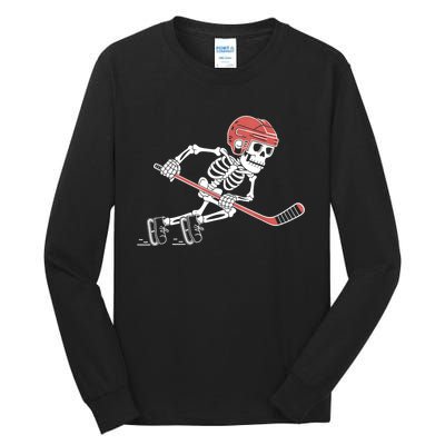 Halloween Spooky Funny Skeleton Playing Ice Hockey Lovers Gift Tall Long Sleeve T-Shirt