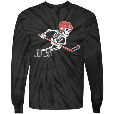 Halloween Spooky Funny Skeleton Playing Ice Hockey Lovers Gift Tie-Dye Long Sleeve Shirt