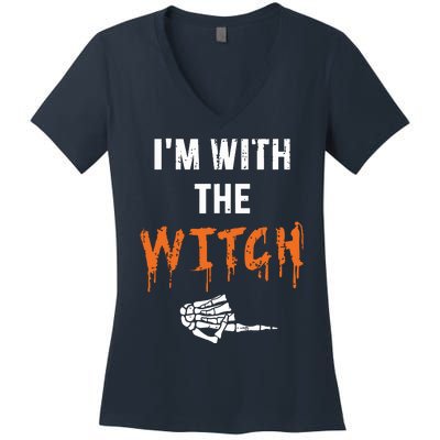 Halloween Shirt For Husbands I'm With The Witch She Be Crazy Women's V-Neck T-Shirt