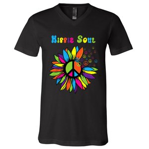 Hippie Soul Funny Peace Sign Daisy Flower Hippies Art Lovers V-Neck T-Shirt