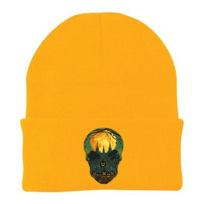 Halloween Spooky Full Moon Castle Skull Knit Cap Winter Beanie