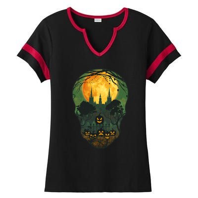 Halloween Spooky Full Moon Castle Skull Ladies Halftime Notch Neck Tee