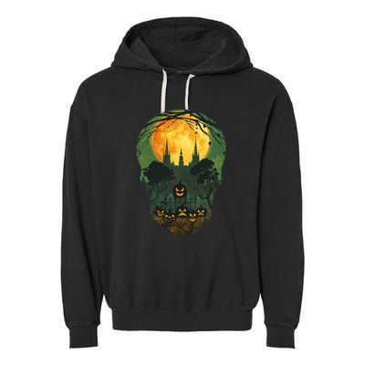 Halloween Spooky Full Moon Castle Skull Garment-Dyed Fleece Hoodie