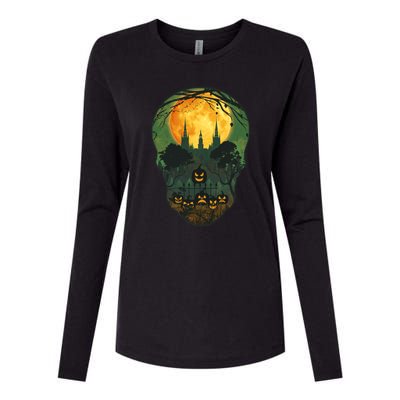 Halloween Spooky Full Moon Castle Skull Womens Cotton Relaxed Long Sleeve T-Shirt