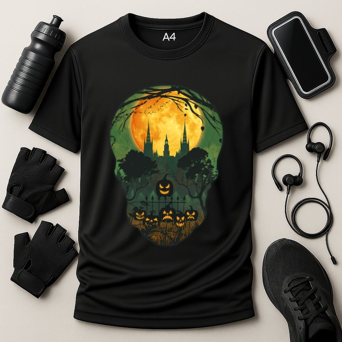 Halloween Spooky Full Moon Castle Skull Cooling Performance Crew T-Shirt