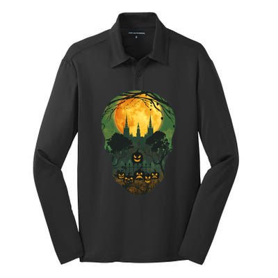 Halloween Spooky Full Moon Castle Skull Silk Touch Performance Long Sleeve Polo