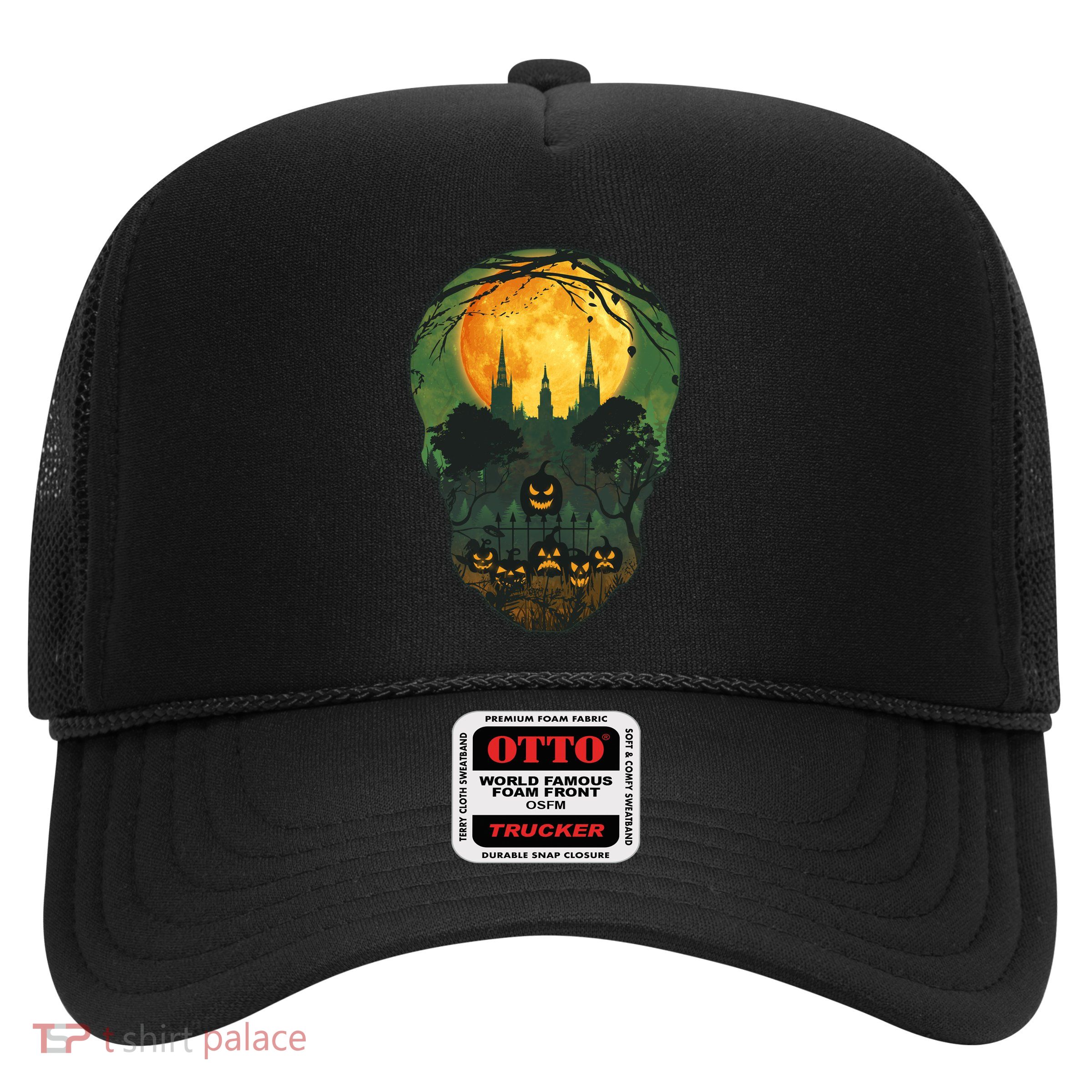 Halloween Spooky Full Moon Castle Skull Trucker Hat