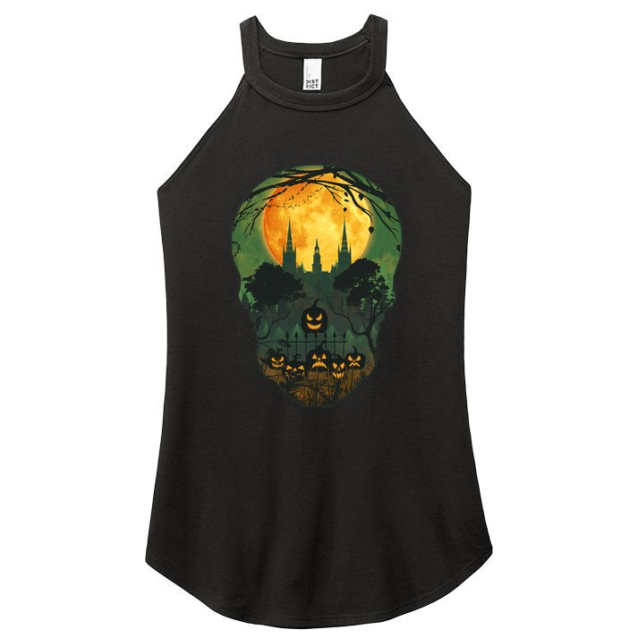 Halloween Spooky Full Moon Castle Skull Women's Perfect Tri Rocker Tank