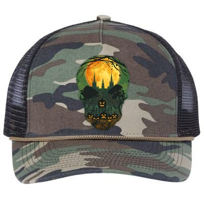 Halloween Spooky Full Moon Castle Skull Retro Rope Trucker Hat Cap