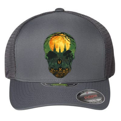 Halloween Spooky Full Moon Castle Skull Flexfit Unipanel Trucker Cap