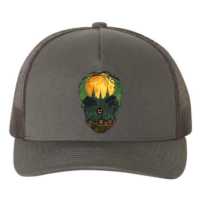 Halloween Spooky Full Moon Castle Skull Yupoong Adult 5-Panel Trucker Hat