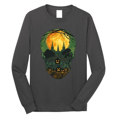 Halloween Spooky Full Moon Castle Skull Long Sleeve Shirt