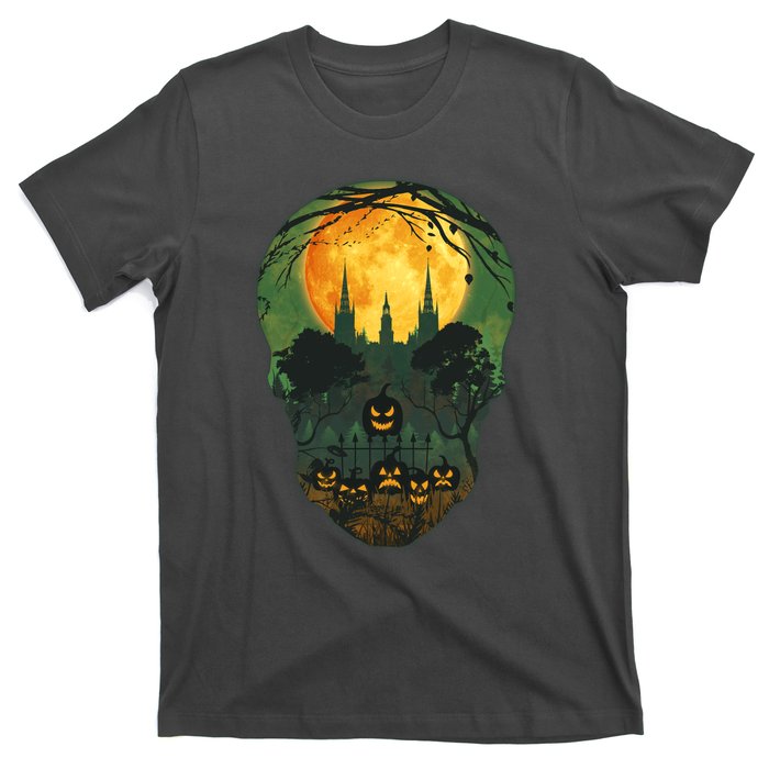 Halloween Spooky Full Moon Castle Skull T-Shirt