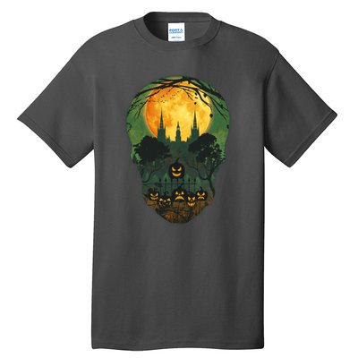 Halloween Spooky Full Moon Castle Skull Tall T-Shirt