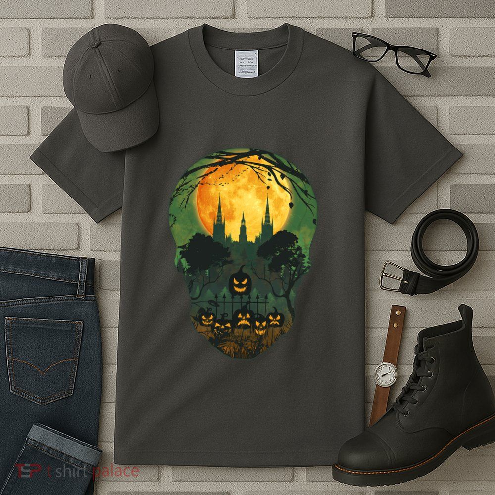 Halloween Spooky Full Moon Castle Skull Tall T-Shirt