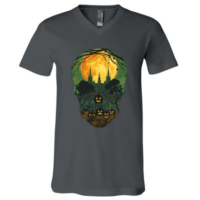 Halloween Spooky Full Moon Castle Skull V-Neck T-Shirt