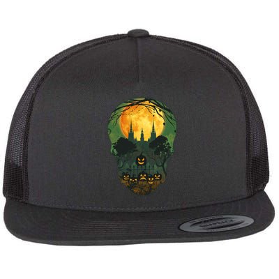 Halloween Spooky Full Moon Castle Skull Flat Bill Trucker Hat