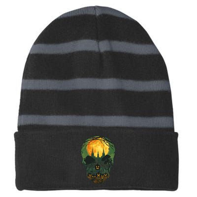 Halloween Spooky Full Moon Castle Skull Striped Beanie with Solid Band