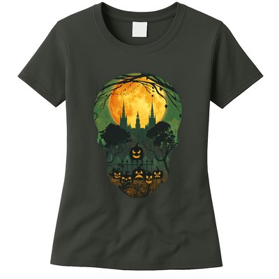 Halloween Spooky Full Moon Castle Skull Womens T-Shirt