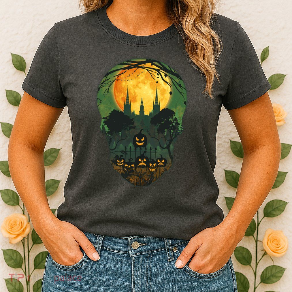 Halloween Spooky Full Moon Castle Skull Womens T-Shirt