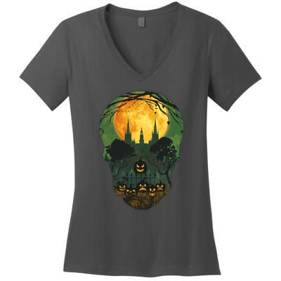 Halloween Spooky Full Moon Castle Skull Women's V-Neck T-Shirt