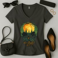 Halloween Spooky Full Moon Castle Skull Women's V-Neck T-Shirt
