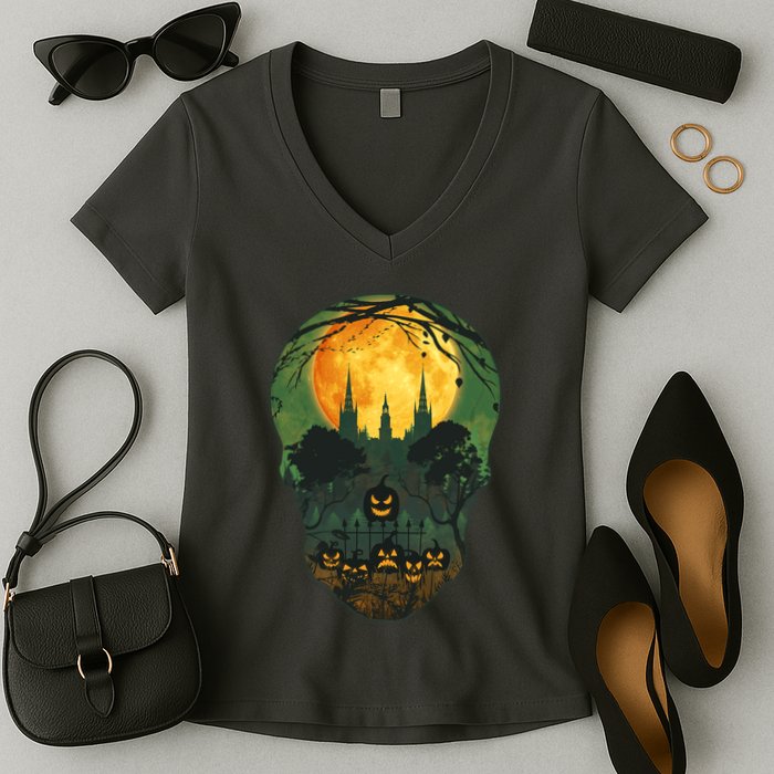 Halloween Spooky Full Moon Castle Skull Women's V-Neck T-Shirt