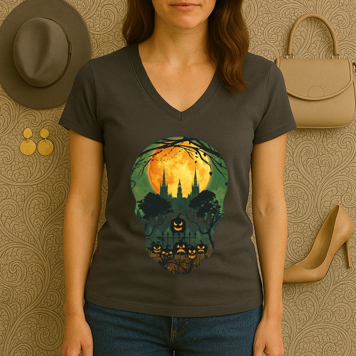 Halloween Spooky Full Moon Castle Skull Women's V-Neck T-Shirt
