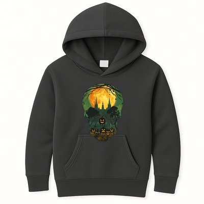 Halloween Spooky Full Moon Castle Skull Kids Hoodie