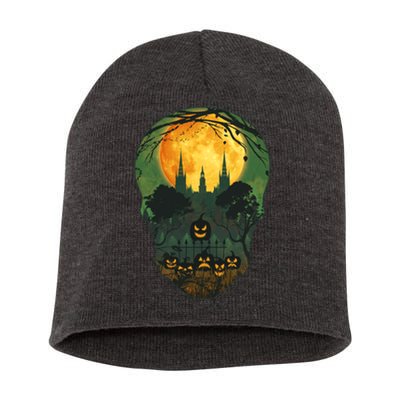 Halloween Spooky Full Moon Castle Skull Short Acrylic Beanie