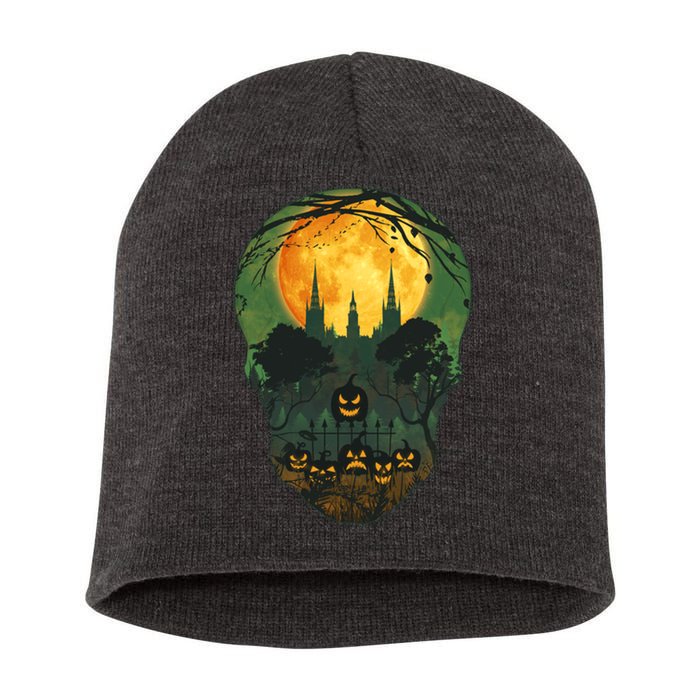 Halloween Spooky Full Moon Castle Skull Short Acrylic Beanie