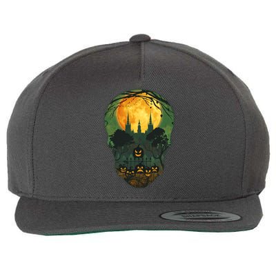 Halloween Spooky Full Moon Castle Skull Wool Snapback Cap