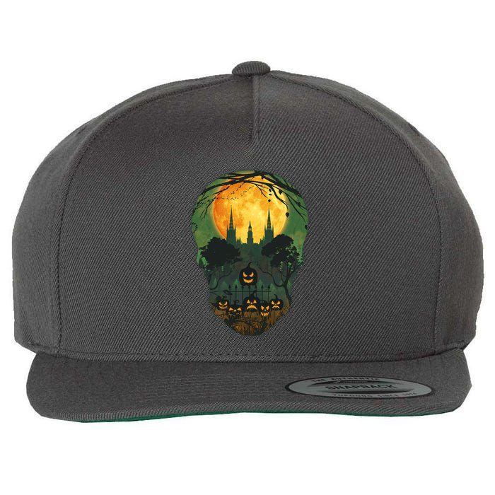 Halloween Spooky Full Moon Castle Skull Wool Snapback Cap