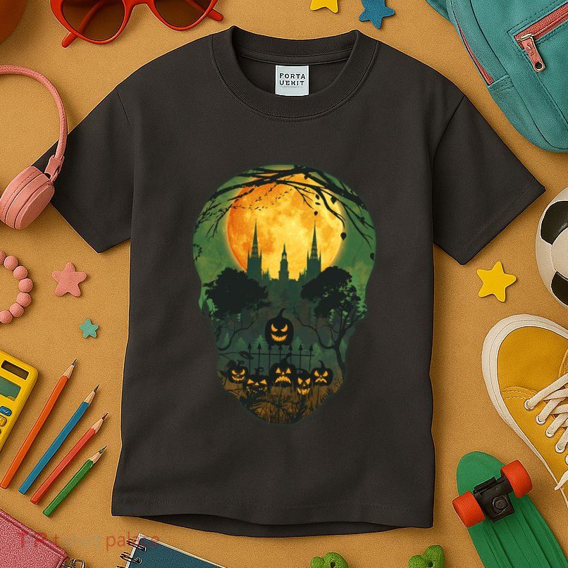 Halloween Spooky Full Moon Castle Skull Kids T-Shirt
