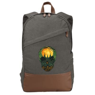 Halloween Spooky Full Moon Castle Skull Cotton Canvas Backpack