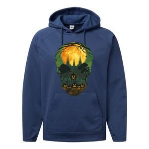 Halloween Spooky Full Moon Castle Skull Performance Fleece Hoodie