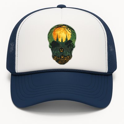 Halloween Spooky Full Moon Castle Skull Trucker Hat