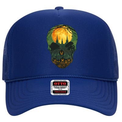 Halloween Spooky Full Moon Castle Skull High Crown Mesh Back Trucker Hat