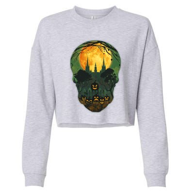 Halloween Spooky Full Moon Castle Skull Cropped Pullover Crew