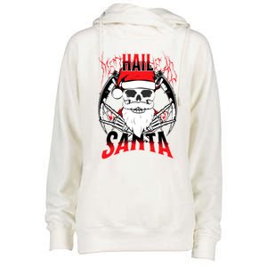 Hail Santa! Funny Christmas Rock On Santa Skeleton Cute Gift Womens Funnel Neck Pullover Hood